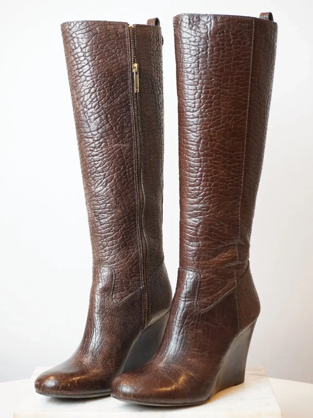 Tory Burch Brown Textured Leather Knee High Boots